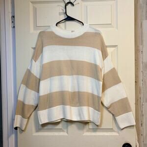 Divided Beige White Striped Sweater Crewneck Knit Pullover Size M